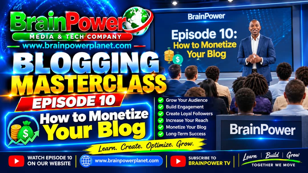 BrainPower Blogging Masterclass Episode 10: How to Monetize Your Blog, featuring a presenter teaching a live audience, with tips on blog monetization, audience growth, engagement, and long-term blogging success.